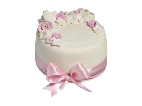 Geboortetaart Hoog wit + roze bloemen